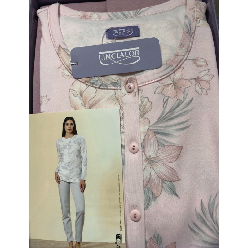 Pigiama serafino manica lunga in 100% cotone caldo Linclalor Donna